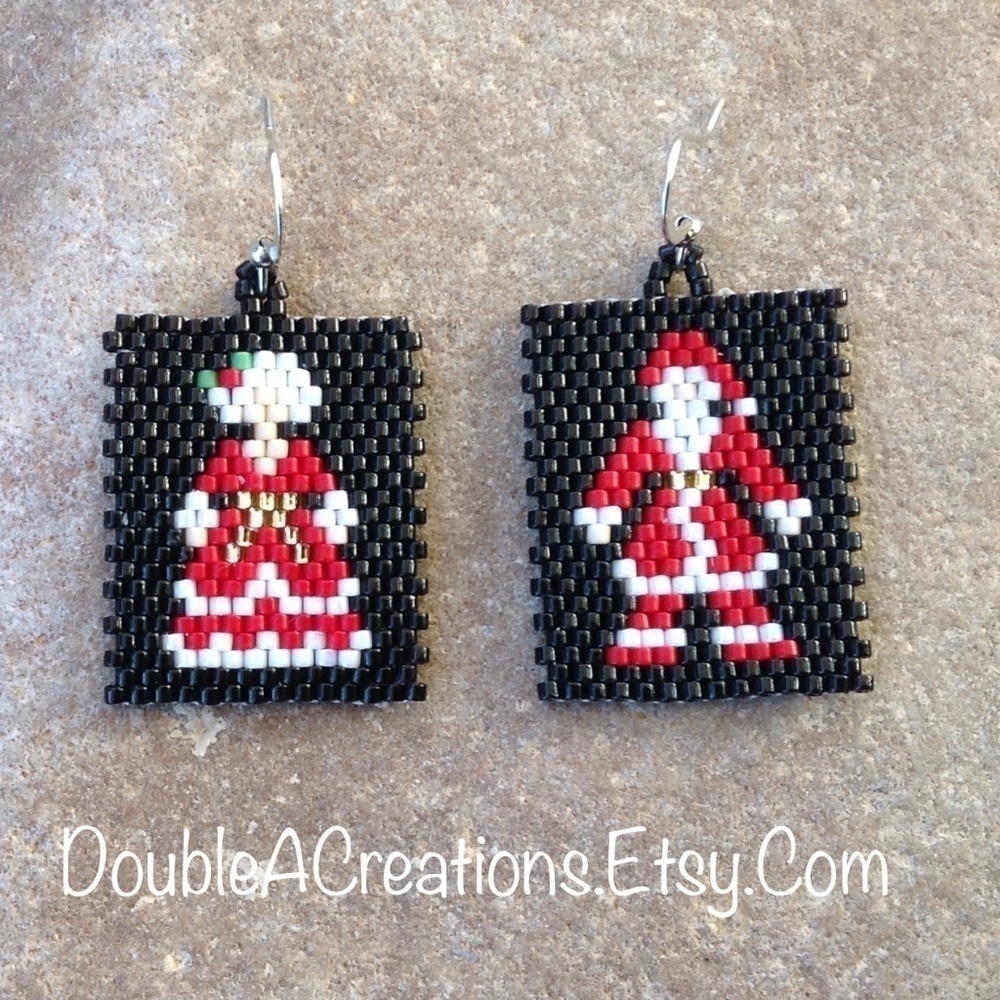 Postage Stamp Mr & Mrs Santa Clause Beaded Earrings, New, Handmade by Me